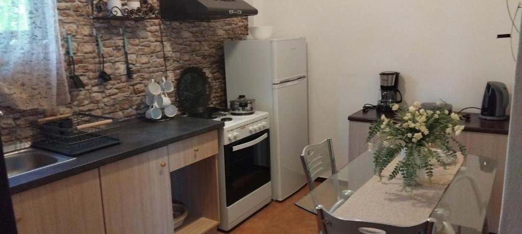 Kuchyň nebo kuchyňský kout v ubytování AGGELIKI STUDIOS