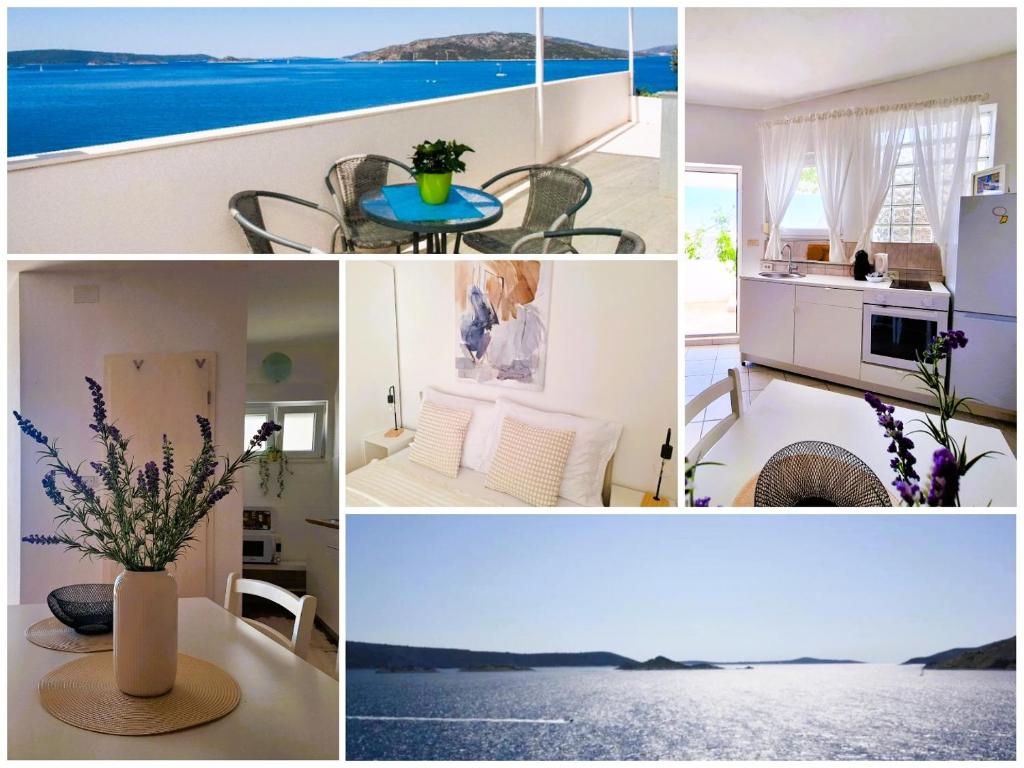a collage of photos of a house with the ocean at Apartmani Stine in Okrug Donji