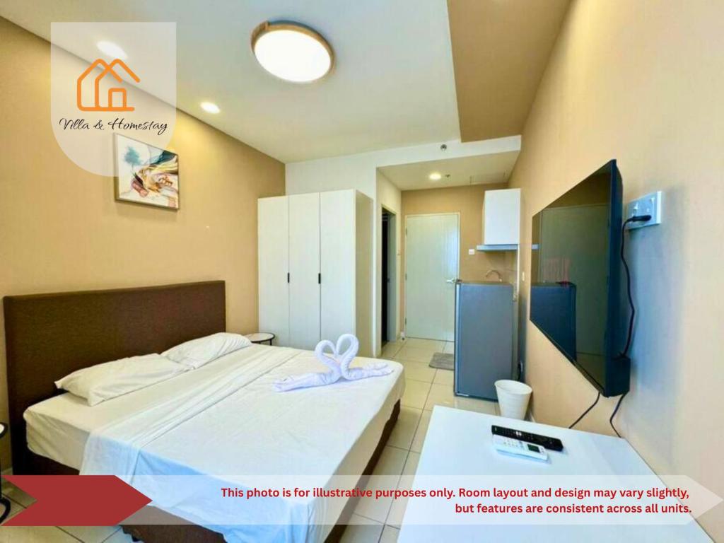 a small bedroom with a bed and a room with at Cozy unit- Bell suites- Horizon Suites- Wifi- Netflix- Parking Swimming Pool- Klia in Sepang