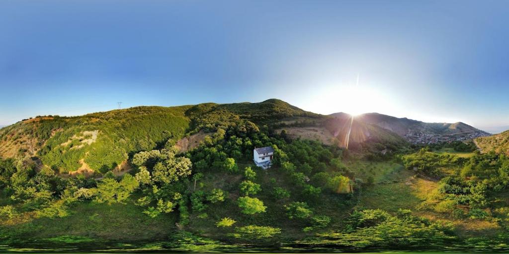 a hill covered in trees with the sun shining on it at Dikellari Guest House in Pogradec