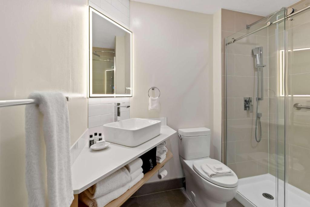a bathroom with a toilet and a sink and a shower at Hotel Feng, BW Signature Collection in Parksville