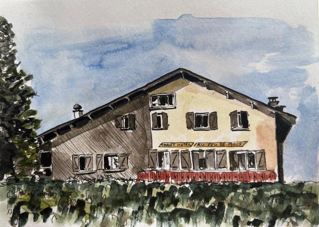 une peinture aquarelle d'une maison dans l'établissement Hôtel Au Feu De Bois bar à vin le 1605, à Autrans