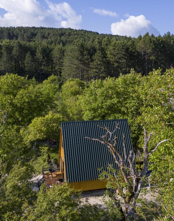a small wooden cabin in the middle of a forest at Pinehouse Urtkhva in Surami 