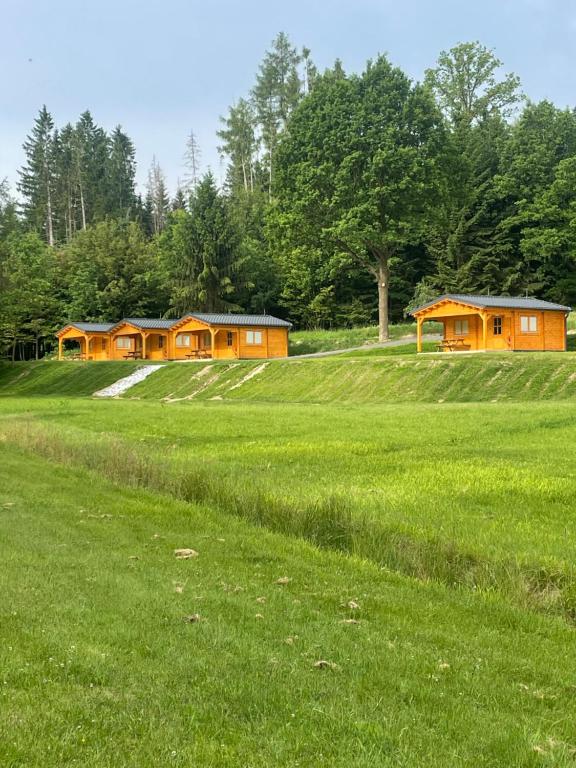 un campo verde con case sullo sfondo di Autokemp Panistávka Žirovnice a Žirovnice
