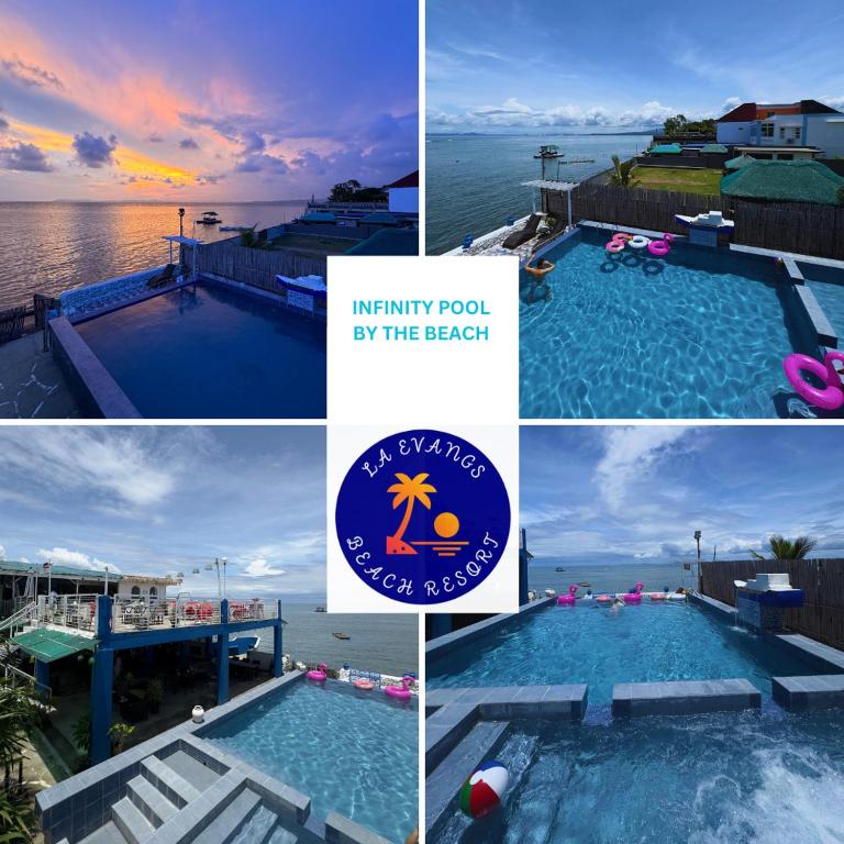 a collage of photos of a swimming pool at the beach at La Evangs Beach Resort Taal in San Luis