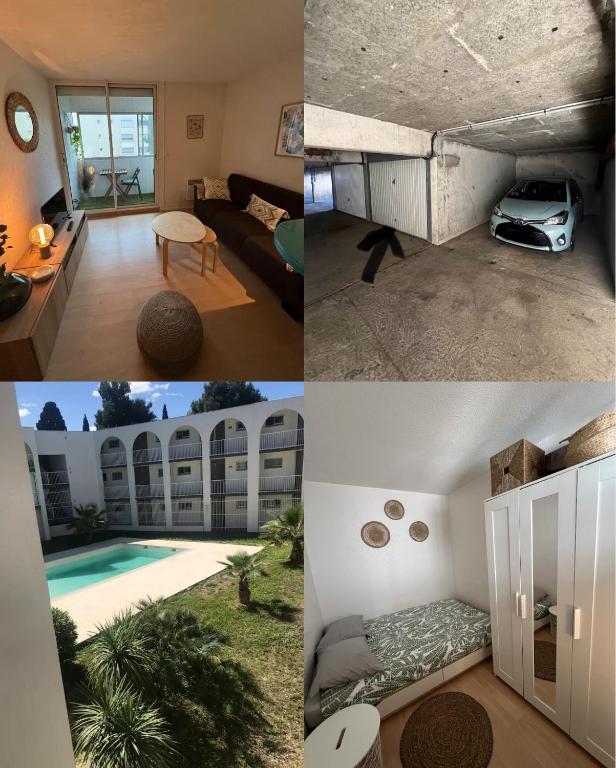 un collage de photos d'un salon et d'une maison dans l'établissement T2 avec loggia à 10 min du centre de Montpellier, à Montpellier