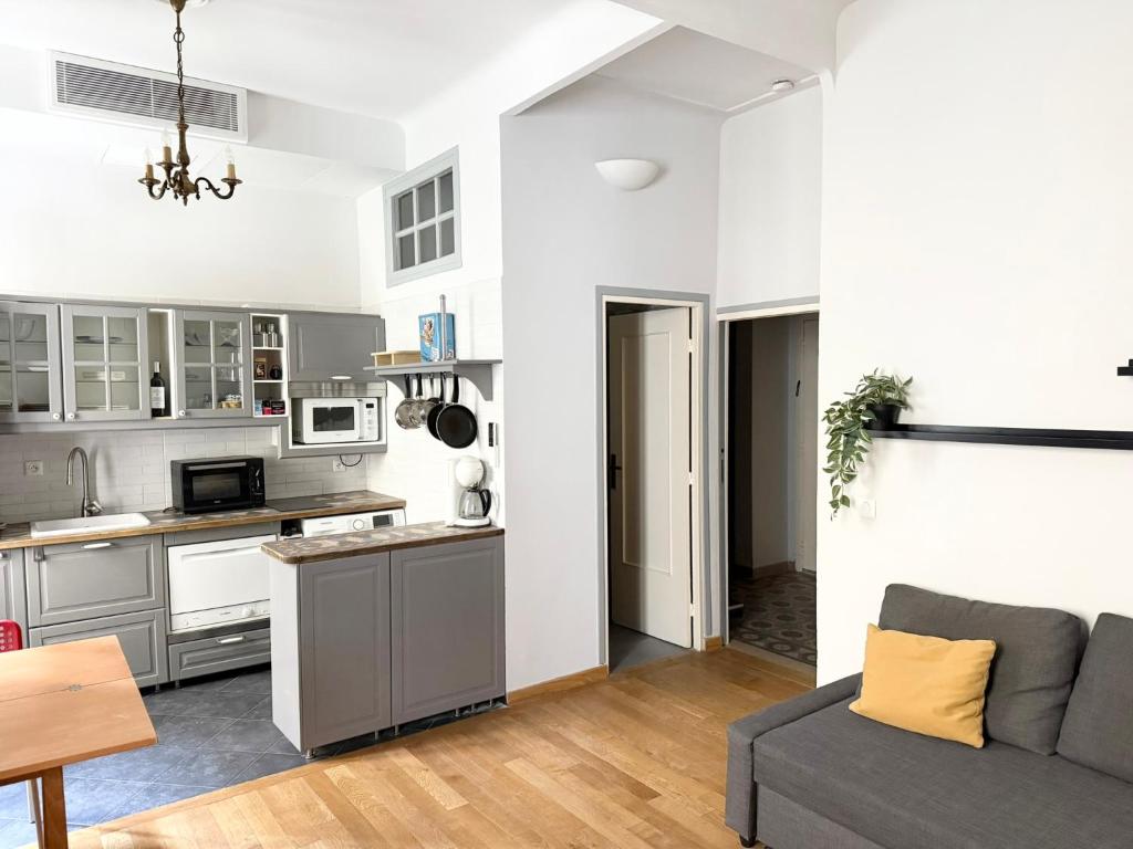 une cuisine et un salon avec un canapé et une table dans l'établissement Charmant studio avec terrasse, à Nice