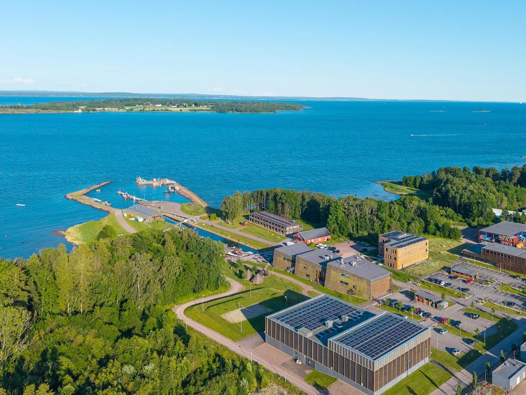 an overhead view of a building next to the water at RS Noatun in Horten