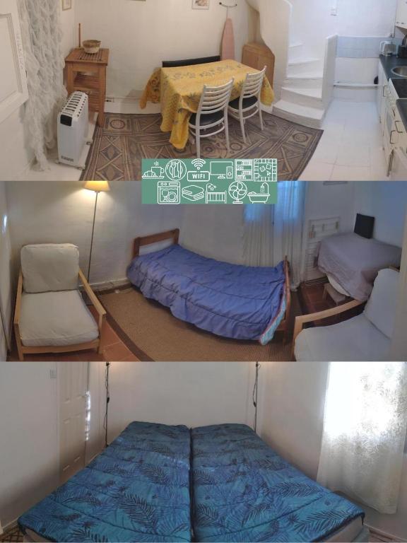 - deux photos d'une chambre avec un lit et une cuisine dans l'établissement Tiny House 1, 2 ou 3 personnes SoeursGrises Béziers Centre Historique coeur de l'Hérault capitale d'Occitanie, plus vieille ville de France, à Béziers