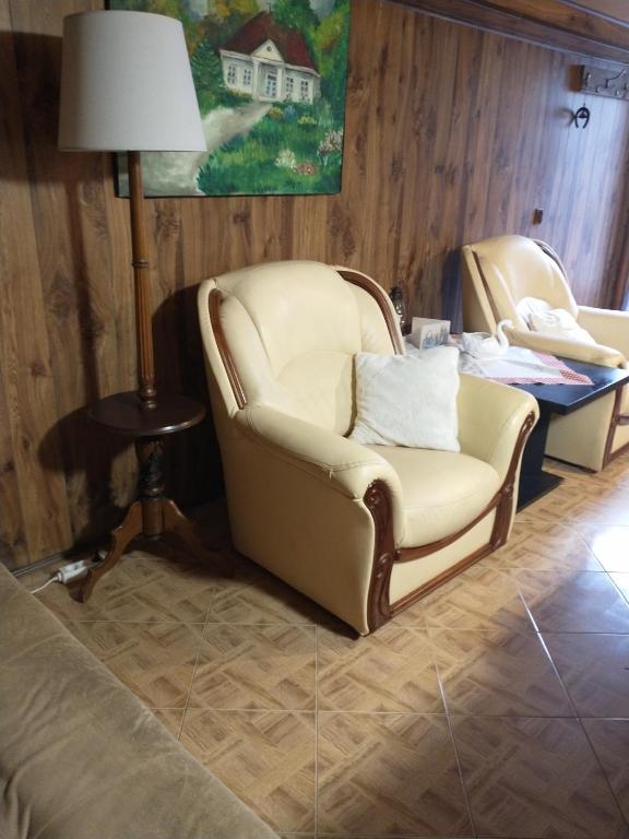 a living room with a chair and a lamp at Pokój w centrum in Ustroń