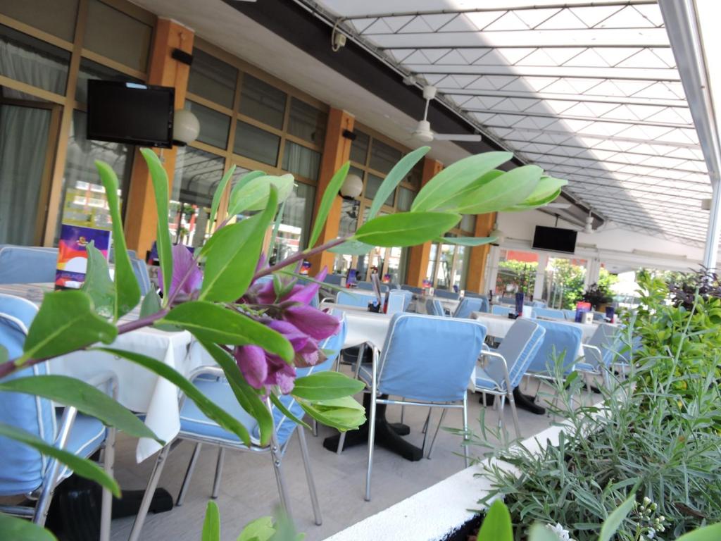 a restaurant with tables and chairs and plants at Hotel Berna in Eraclea Mare