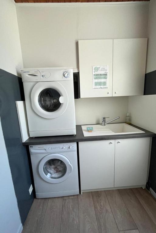 a laundry room with a washing machine and a sink at Gîtes plouraboué "Lou Chai" in Navailles-Angos