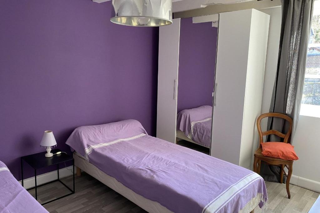 a purple bedroom with two beds and a mirror at Gîte les hortensias in Saint-Moreil