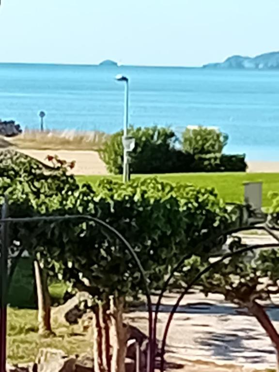 un groupe d'arbres et un lampadaire et l'océan dans l'établissement face a la mer, à La Londe-les-Maures