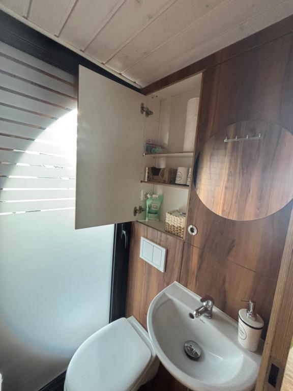 Koupelna v ubytování WOHLFÜHLBOOT Hausboot - Festlieger in der Marina Zaue am Schwielochsee - WC an Bord -
