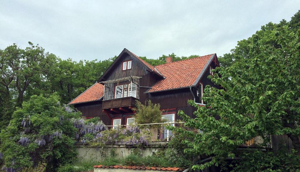 ein braunes Haus mit rotem Dach und Bäumen in der Unterkunft Ferienwohnung Teufelsmauer "Waldhaus" in Blankenburg