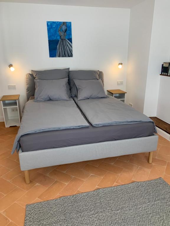 Una cama en un dormitorio con un cuadro en la pared. en Ferienwohnung Lulù, en Bingen am Rhein