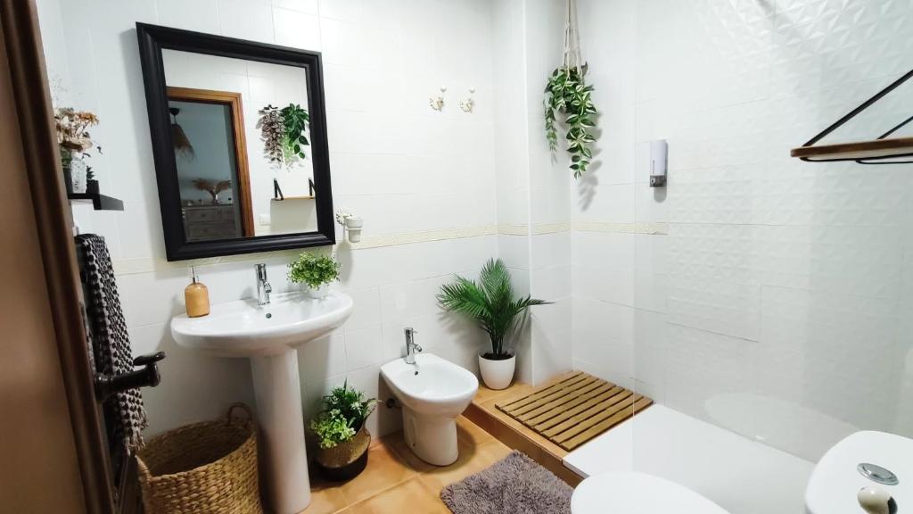 a bathroom with a sink and a toilet and a mirror at Azahares Apartamento turístico in El Bosque