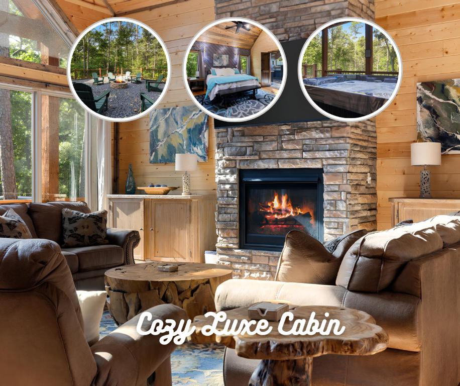 a living room with couches and a fireplace at Cozy Luxe Cabin Hot Tub Firepit in Broken Bow