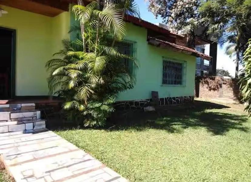 una casa verde con una palma di fronte di Puerto Iguazu casa a Puerto Iguazú