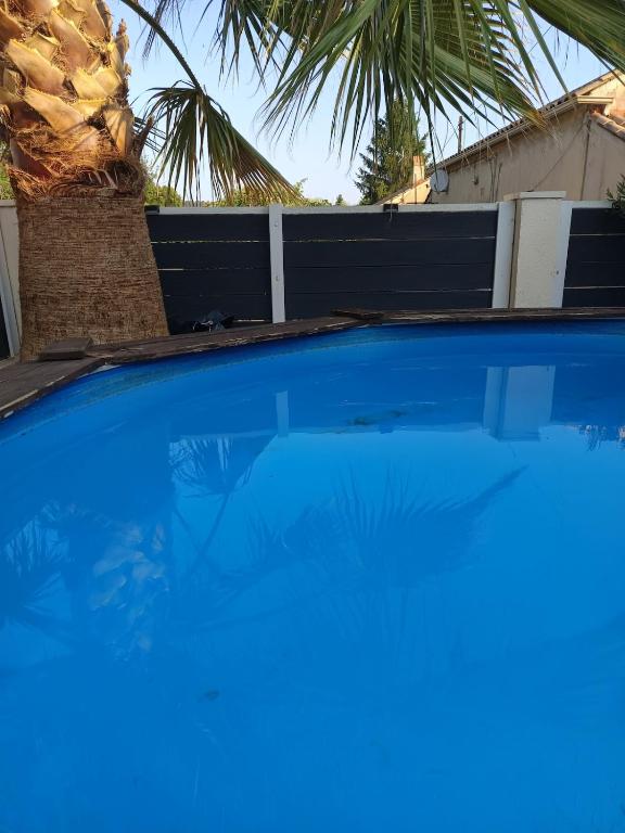 a blue swimming pool with a fence and a palm tree at Appartement mignon in Gardanne