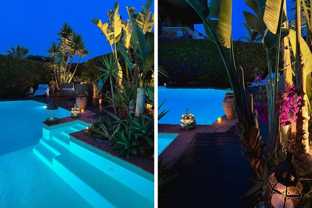 two pictures of a swimming pool at night at Villa Cannizzaro in Catania