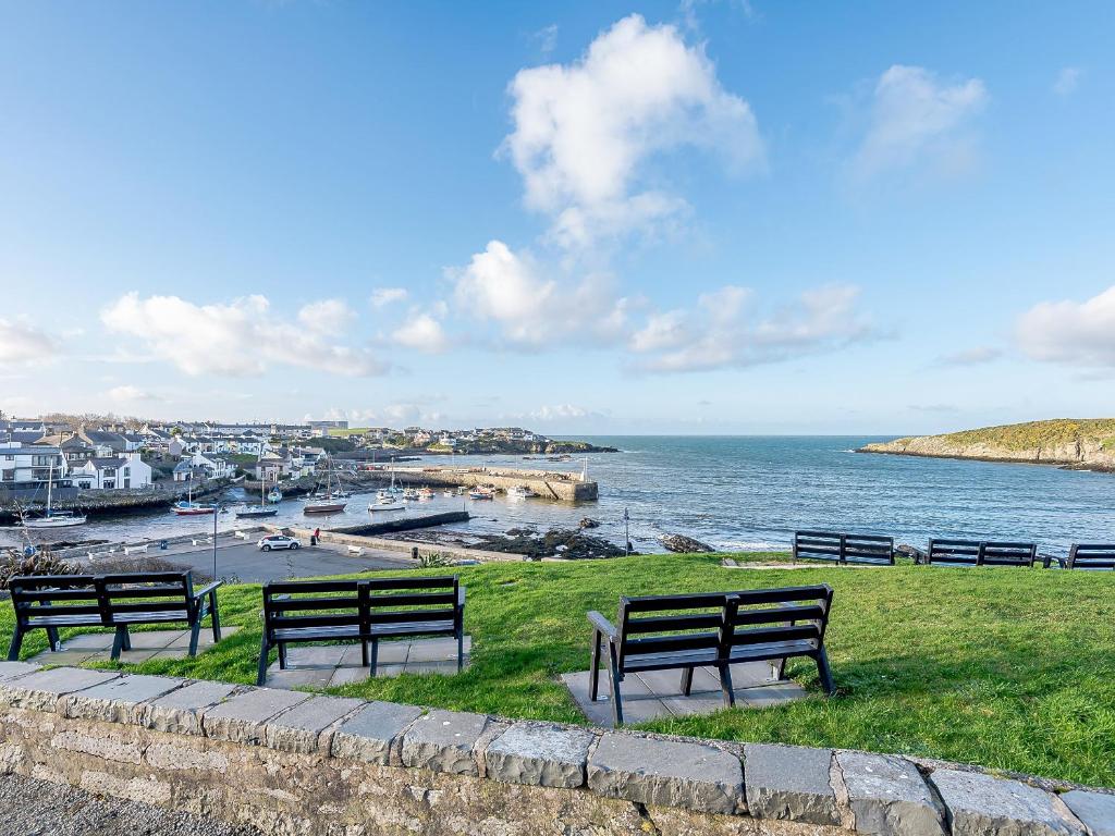 three benches sitting on the grass near the water at Awel Y Mor Sea Breeze in Cemaes Bay