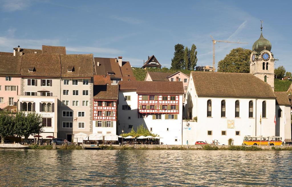 um grupo de edifícios ao lado de uma massa de água em Gasthof Hirschen em Eglisau