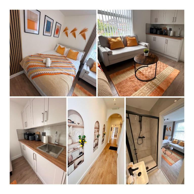 a collage of four pictures of a room at R4 - Luxury fully Self-Contained Studio with Private Bathroom and Kitchen in Halesowen