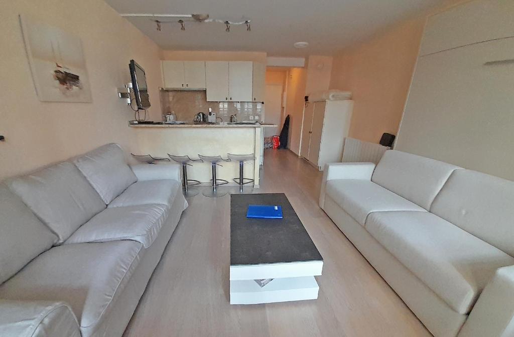 un salon avec un canapé et une table dans l'établissement Charmant studio Deauville, proche plage avec parking privé, à Deauville