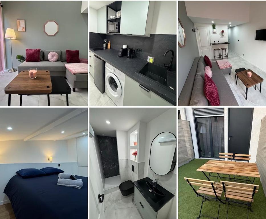 a collage of four pictures of a room at Petit Boudoir Lyonnais neuf terrasse climatisé in Vénissieux