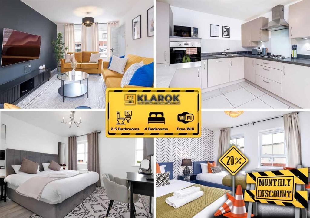 ピーターバラにあるFour Bedroom Semi Detached House By Klarok Accommodation Peterborough With Free Parking & Gardenの台所とリビングの絵画のコラージュ