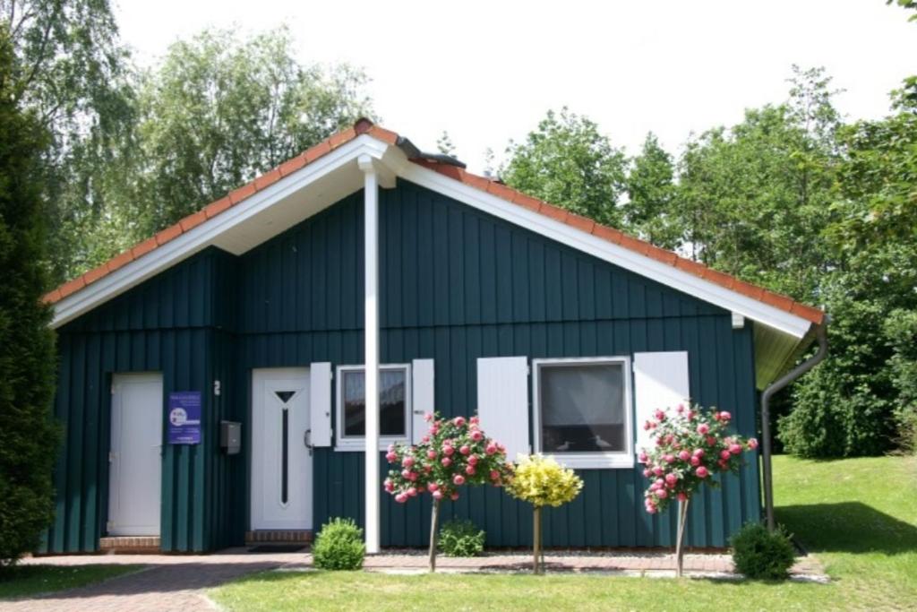 a green house with flowers in front of it at 5 Personen Ferienhaus mit Kaminofen in erster Reihe hinterm Deich in Otterndorf in Otterndorf