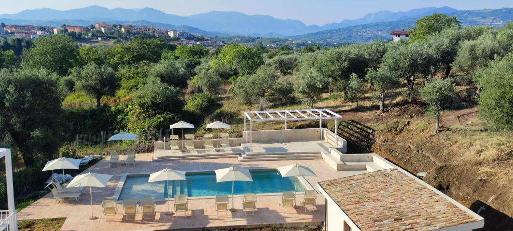 widok na basen z leżakami i parasolami w obiekcie Agriturismo Le Masciare w mieście Paternopoli