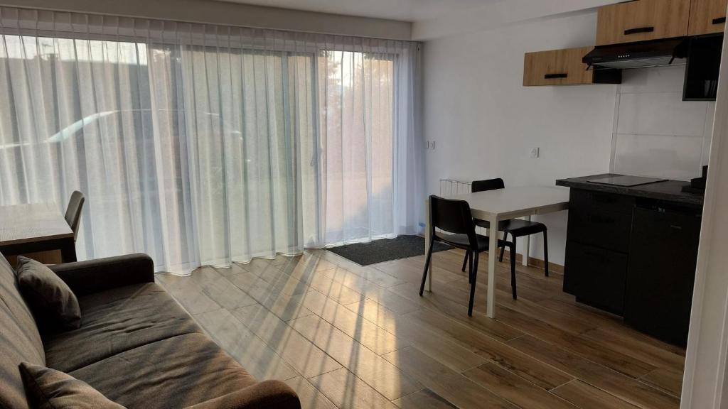 a living room with a couch and a table at La Loge du Capitole in Veyrier-du-Lac