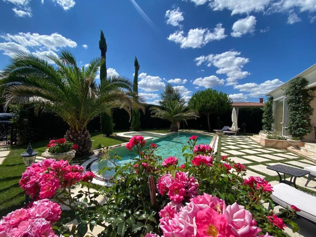 a backyard with a swimming pool with pink flowers at Villa Dolce Vita in Sunny Beach