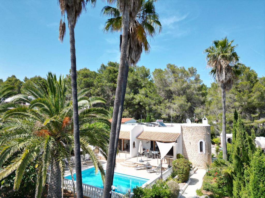 a villa with a swimming pool and palm trees at private Villa mit eigenem Pool unter Palmen in Cala Llenya