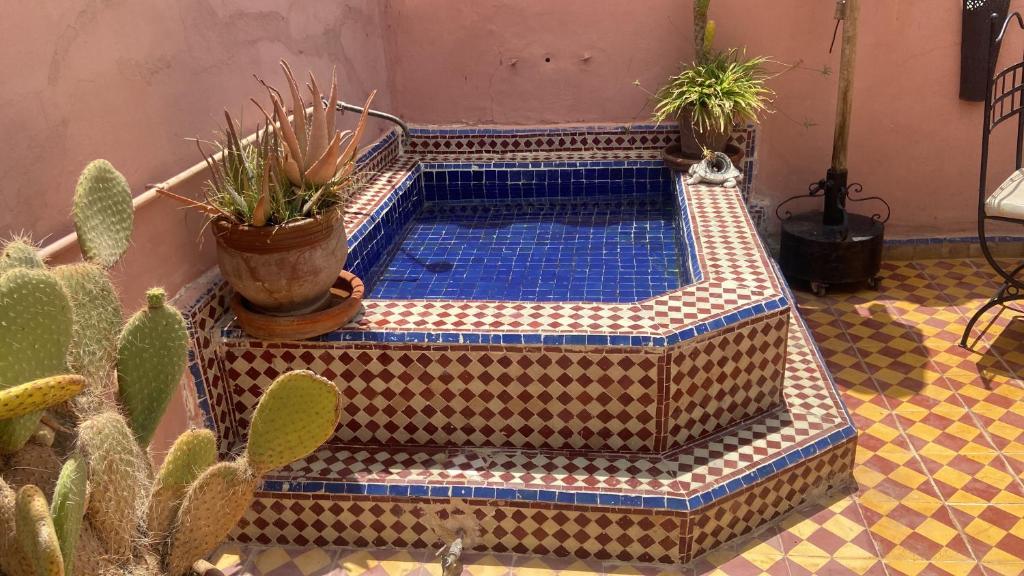 une piscine avec des plantes en pot sur un sol carrelé dans l'établissement Riad MsHolidays bassin privatisé Marrakech, à Marrakech