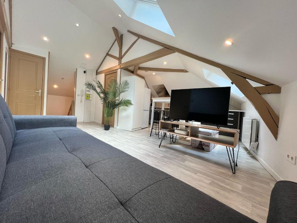 a living room with a large flat screen tv at Appartement au centre in Charleville-Mézières
