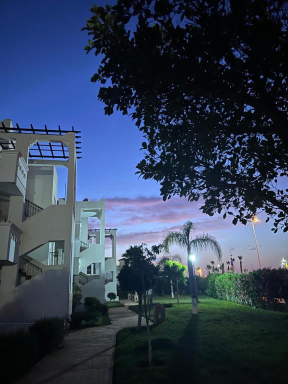 a building with a palm tree in front of it at Appartement Charmant et familiale in Saidia 