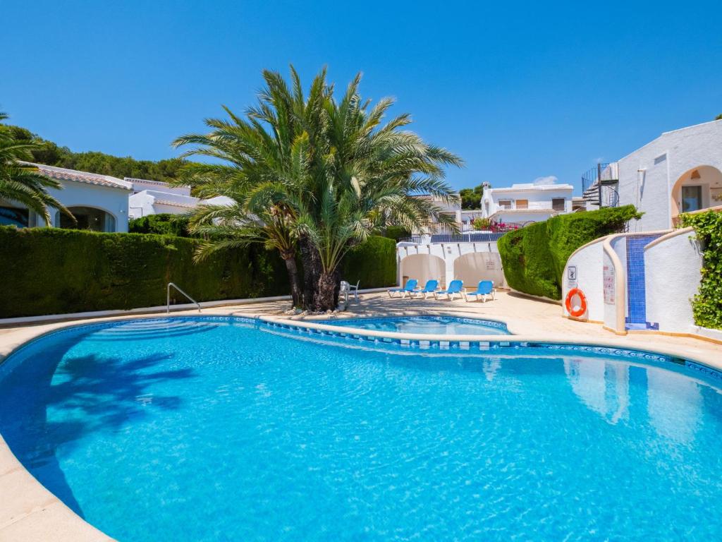 a swimming pool with a palm tree and blue chairs at Holiday Home Los Limoneros de Moraira by Interhome in Moraira