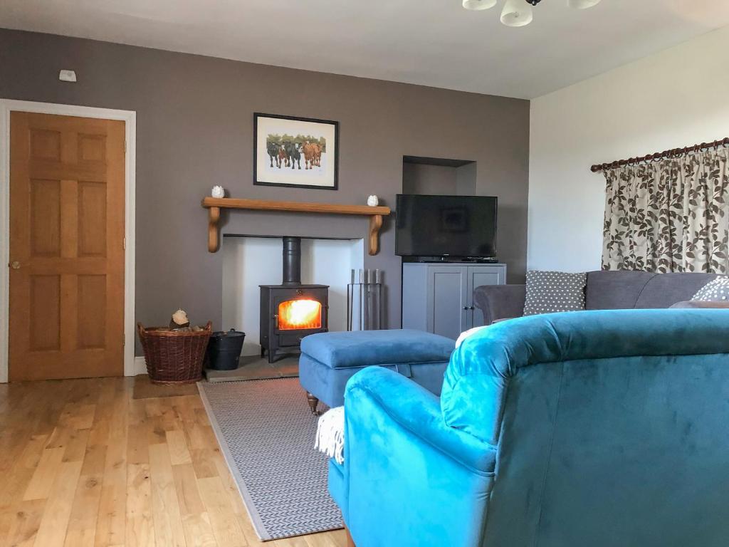 a living room with a blue couch and a fireplace at Havannah Cottage in Alnham
