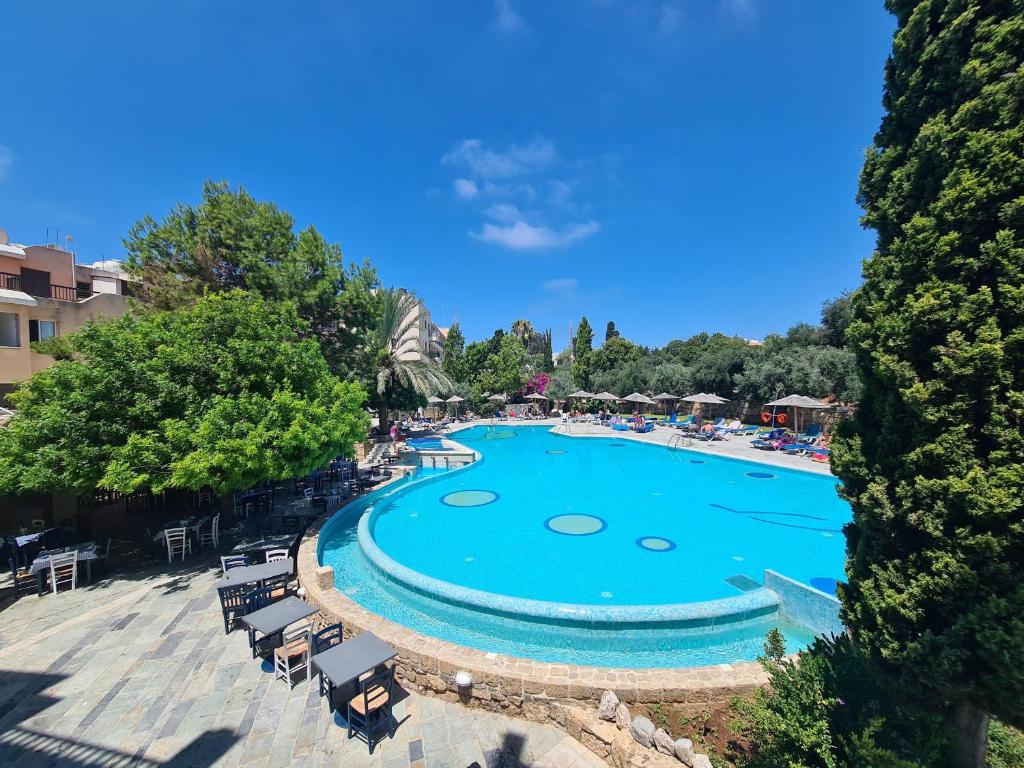a swimming pool in a resort with chairs and trees at Basilica Holiday Resort in Paphos City