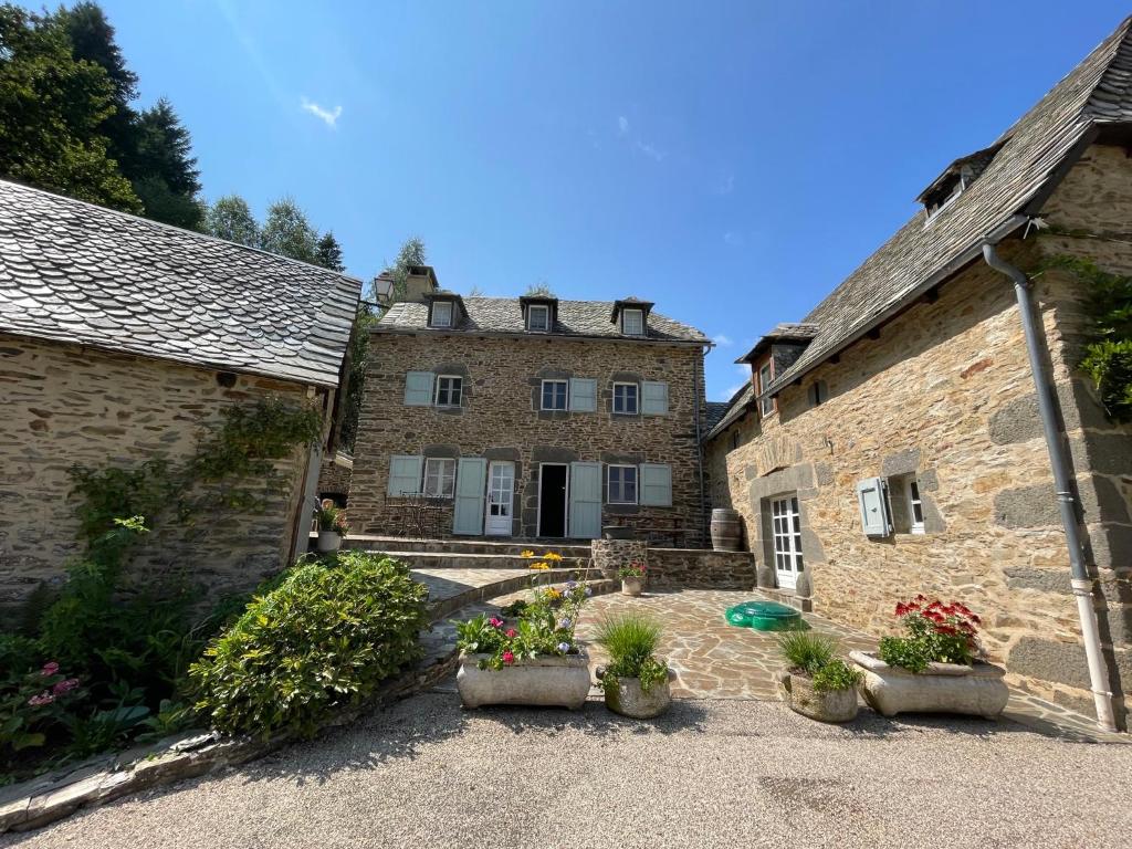 an old stone house with potted plants in front of it at La Roulière en Aubrac in Montpeyroux