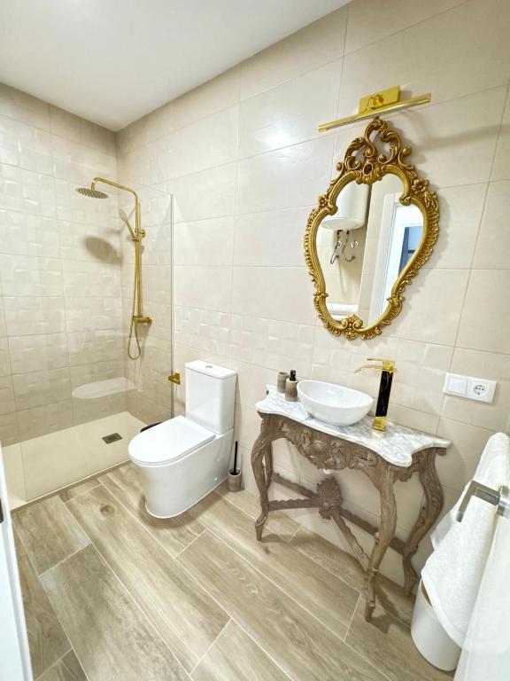 a bathroom with a toilet and a sink and a mirror at Entrecallejones in Carmona
