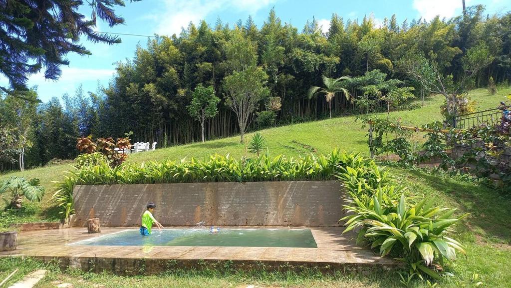 eine Person, die in einem Pool in einem Garten spielt in der Unterkunft Casa Exclusiva , vista increible, descanso de lujo in Borrero Ayerbe