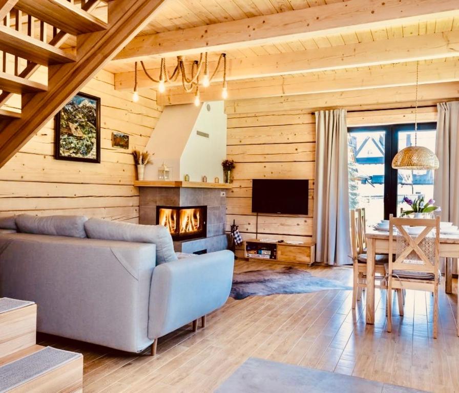 un salon avec un canapé et une cheminée dans l'établissement Miło Tu Zakopane, à Zakopane
