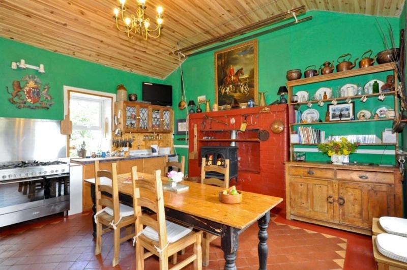 a kitchen with a wooden table and green walls at Errisbeg House B&B in Roundstone