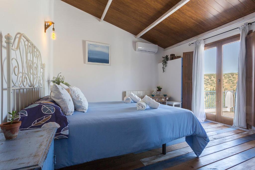 a bedroom with a bed with a blue comforter at Vivienda rural del salado in Jaén
