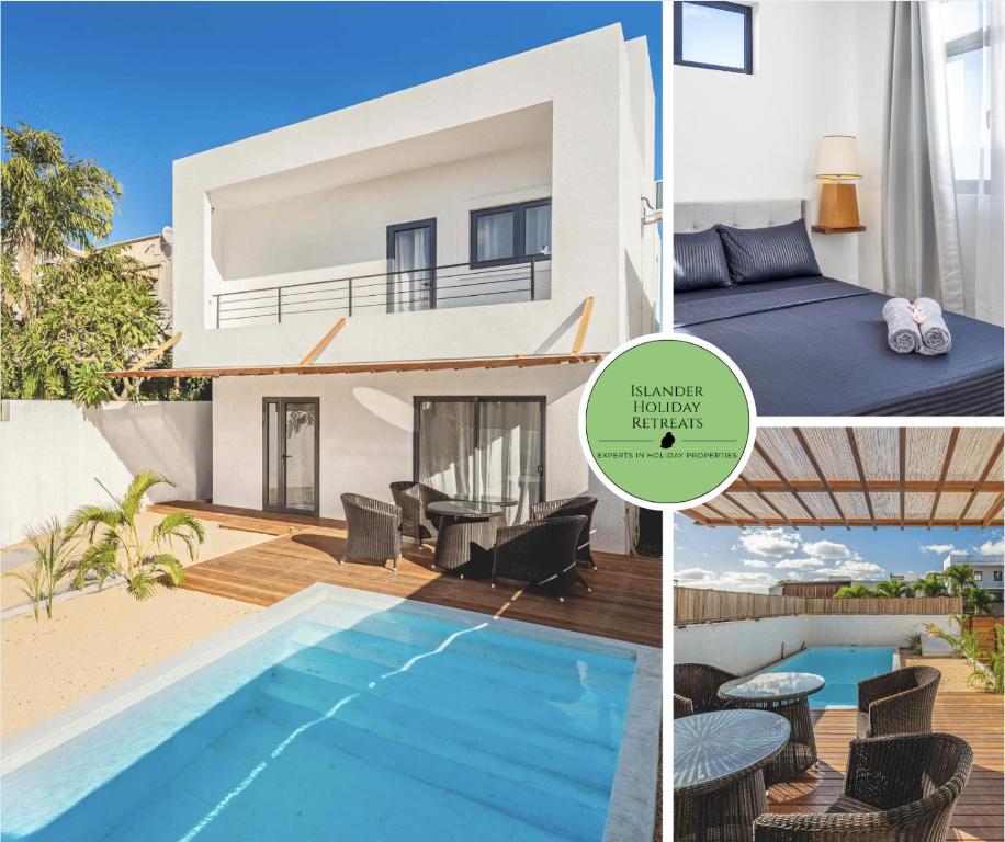 a collage of images of a house and a swimming pool at Villa Olive avec piscine privée, proche de la mer in Flic-en-Flac